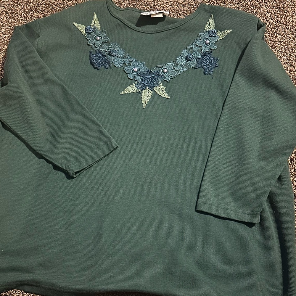 Vintage Basil Green Sweater with Blue Floral Embroidery grandma core